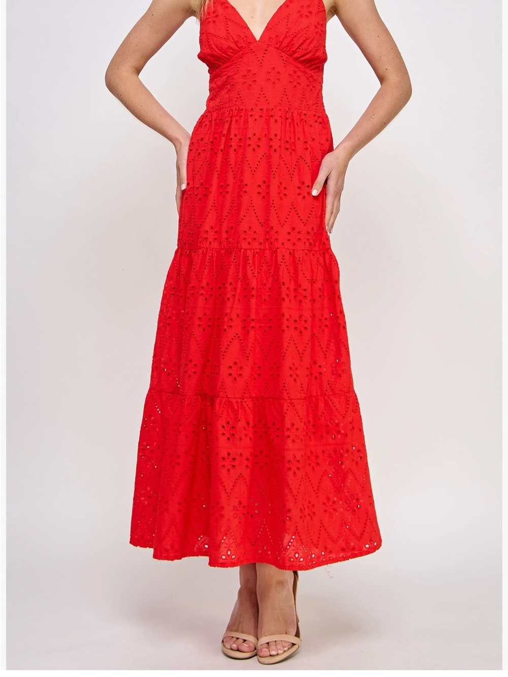 Red Eyelet Maxi Dress with Spaghetti Straps